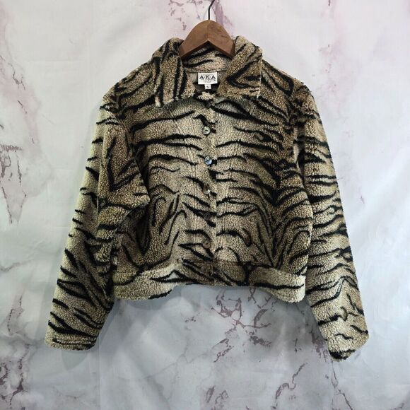 Vintage Y2K Jacket Womens Small Tan Zebra Sherpa Teddy Fuzzy Crop Coat Mob 90s - Picture 1 of 11